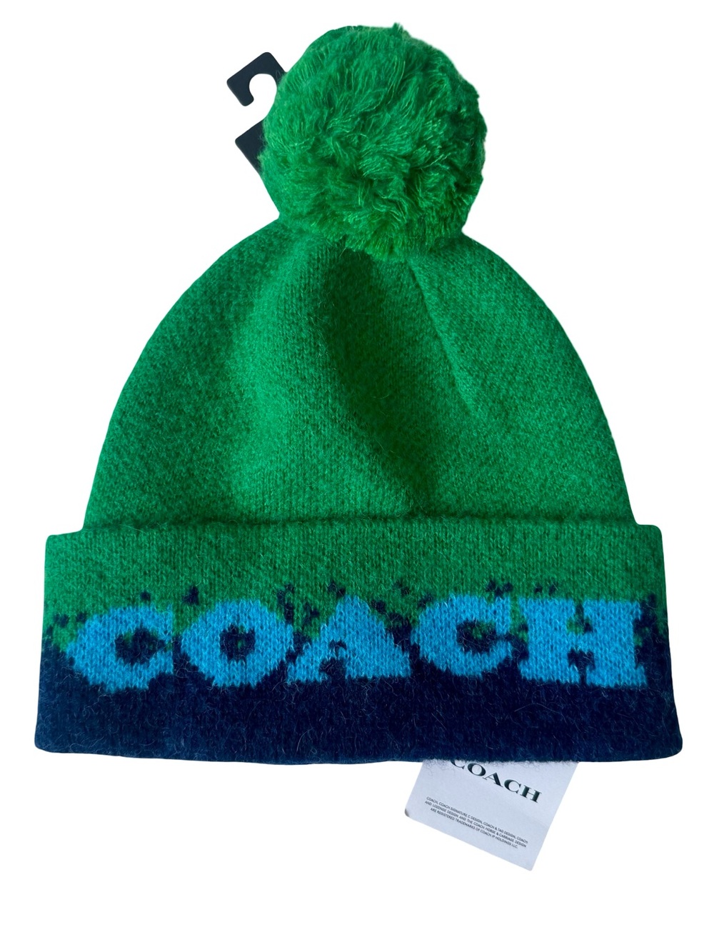 NWT Coach Women’s Green/Blue Colorblock Pom Beanie Wool Alpaca Blend One Size